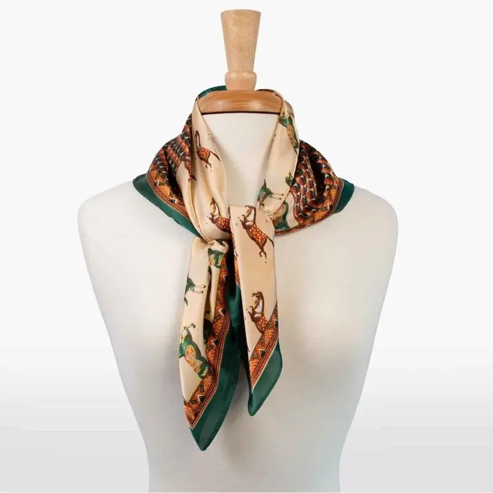 Equestrian Horse Print Silk Scarf in Teal & Cream